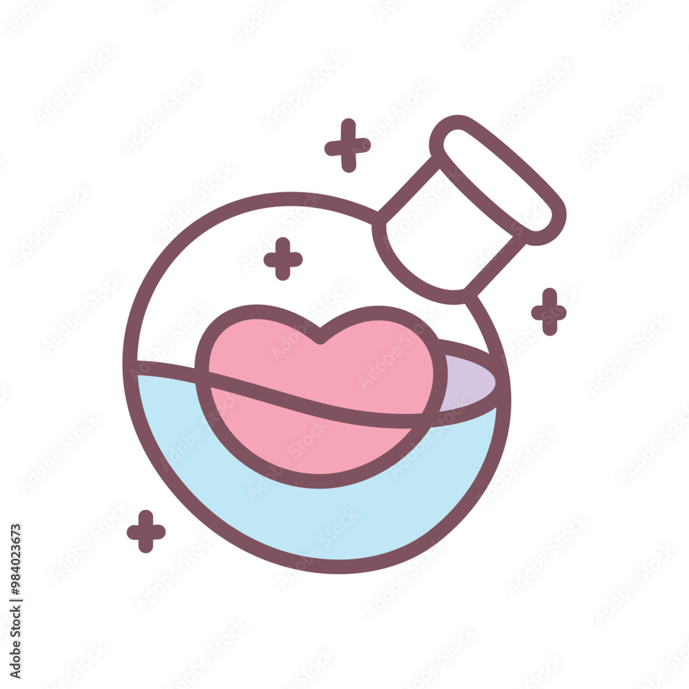 Cute love potion icon. Hand drawn illustration of a bottle with magic elixir and pink heart isolated on a white background. Kawaii St. Valentine day sticker. Vector 10 EPS. Cute love potion icon. Hand drawn illustration of a bottle with magic elixir and pink heart isolated on a white background. Kawaii St. Valentine day sticker. Vector 10 EPS.