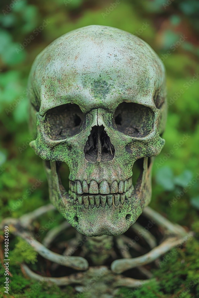 A weathered skull resting on green moss in a natural setting A weathered skull resting on green moss in a natural setting