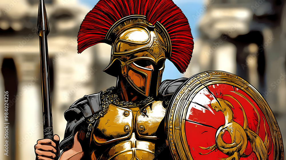 A Warrior in Golden Armor Stands Holding a Spear and a Shield with a ...