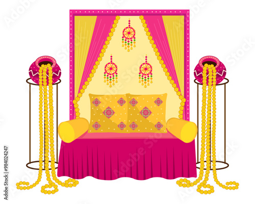 indian wedding floral backdrop decoration for haldi mehendi sangeet festival ceremony