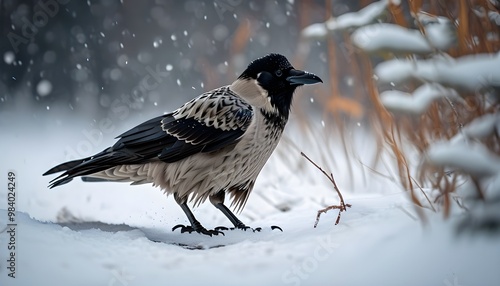 Hooded crow trudging through winter snow amidst a tranquil white landscape photo