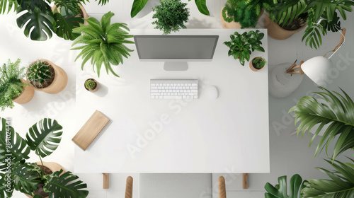 Minimalistic workspace with plants aerial view design, AI generative photo