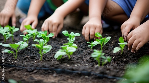 A high-res image of children planting seedlings in a school garden, with their hands in the soil, experiencing hands-on learning about sustainability and environmental science.