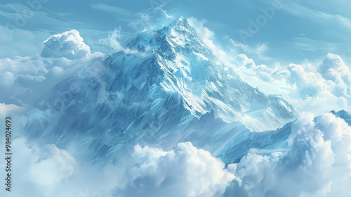 Beautiful snowy peak with cloud cover, a serene AI generative landscape photo