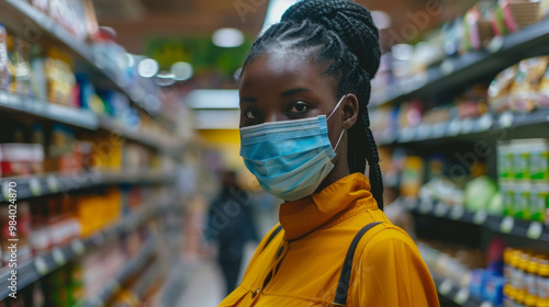 African woman wearing a medical mask in supermarket, AI generative photo