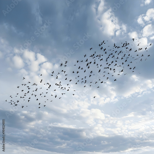 flock of birds flying against a cloudy sky during migration