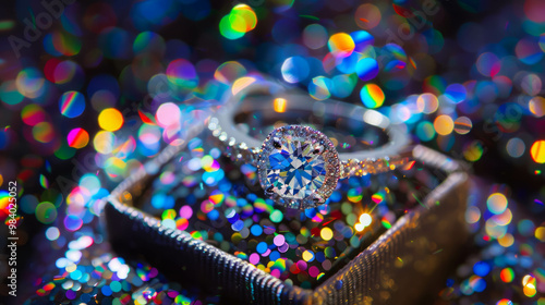 Vibrant diamond ring in a luxurious gift box, AI generative photo