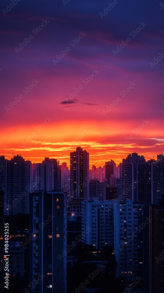 Fototapeta premium sunset cityscape featuring bold orange and purple skies that beautifully contrast with the silhouettes of high-rise buildings