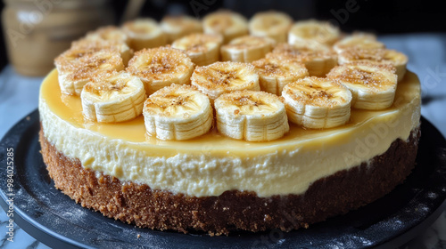 Delicious banoffee pie with whippedcream on whiteplate. AI generative. photo