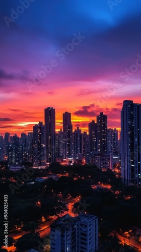 sunset cityscape featuring bold orange and purple skies that beautifully contrast with the silhouettes of high-rise buildings