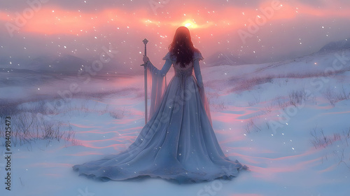 A Solitary Figure in a Snowy Landscape, a Woman in a Flowing Dress Stands with a Sword, the Setting Sun Casts a Warm Glow on the Snow, Creating a Magical and Mystical Atmosphere.