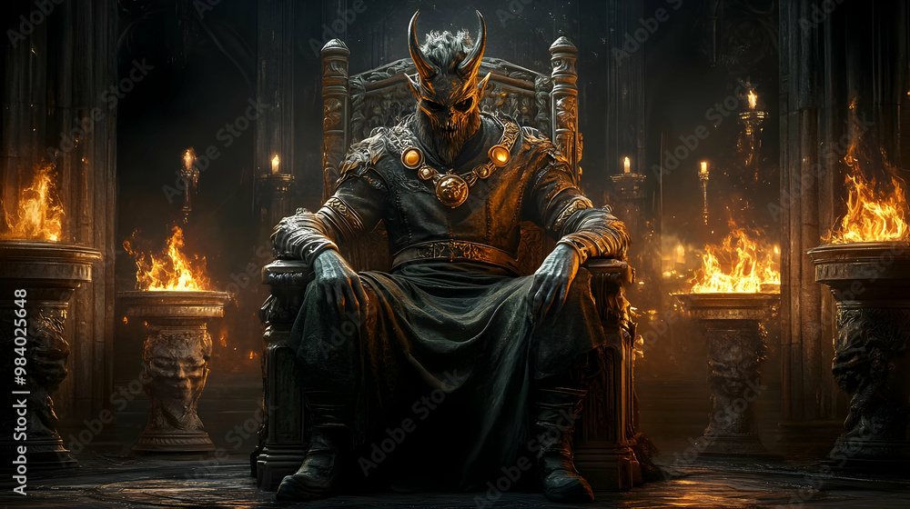 A Dark Lord Sits on a Throne Surrounded by Flames in a Gloomy Hall, Looking Powerful and Dark Fantasy Illustration A Dark Lord Sits on a Throne Surrounded by Flames in a Gloomy Hall, Looking Powerful and Dark Fantasy Illustration