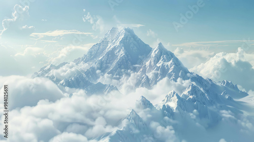 Majestic snowy mountain peak surrounded by clouds. AI generative.