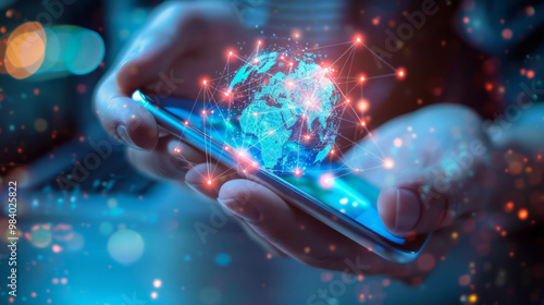 Business worldwide growth through smartphone apps and internet connection. AI generative. photo