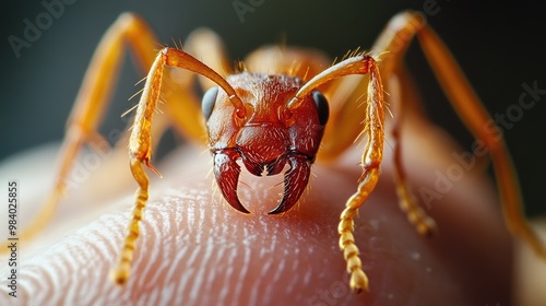 Extreme close-up of a red ant on a person's hand, clearly showing the ant bite and the immediate skin irritation, with every detail in high resolution for clarity