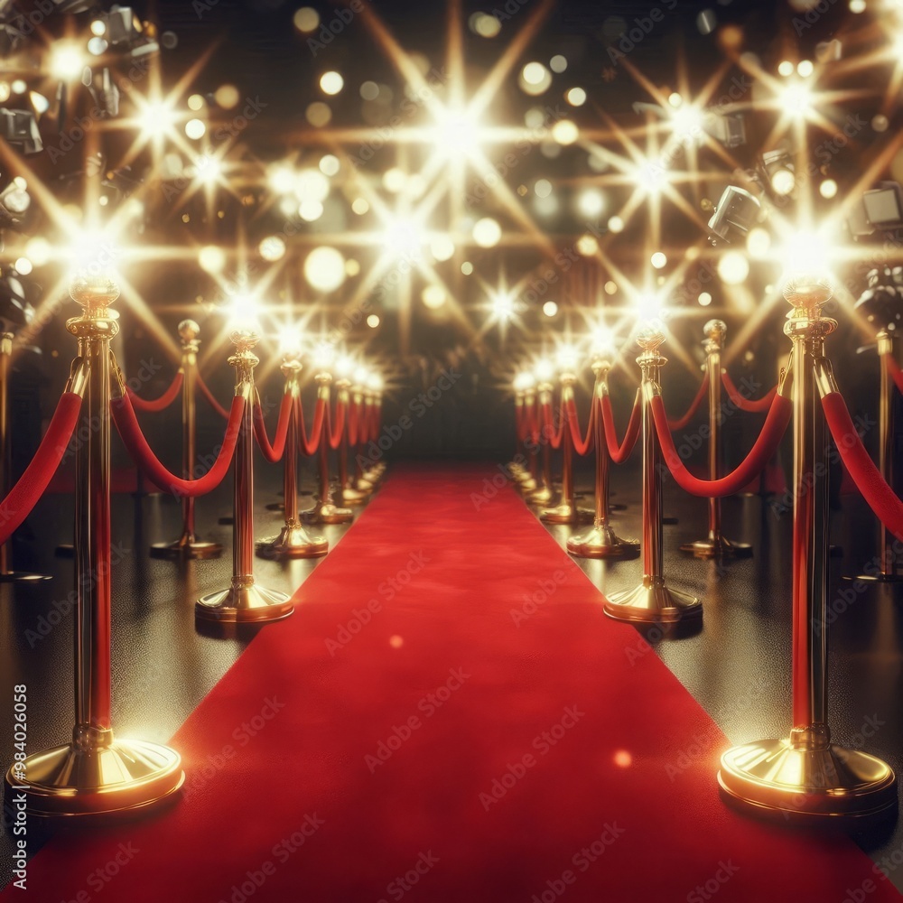 red carpet with golden poles and lights over blurred background red carpet with golden poles and lights over blurred background
