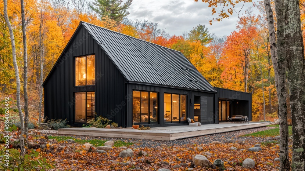 A modern farmhouse with a black exterior and metal roof, located in a vibrant autumn woodland setting, enhancing the contrast between modern and natural A modern farmhouse with a black exterior and metal roof, located in a vibrant autumn woodland setting, enhancing the contrast between modern and natural