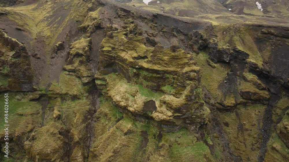 Aerial shot of a rugged, moss-covered cliff in Brókarjökull, Iceland, featuring steep rock formations and earthy, volcanic terrain. Aerial shot of a rugged, moss-covered cliff in Brókarjökull, Iceland, featuring steep rock formations and earthy, volcanic terrain.