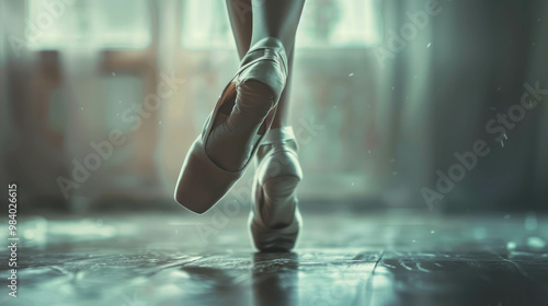 Focus on a ballerina’s legs in pointe shoes mid-dance. AI generative. photo