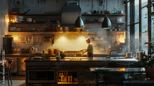 The kitchen features a chef showcasing professional cooking skills and vibrant ingredients. AI generative. photo