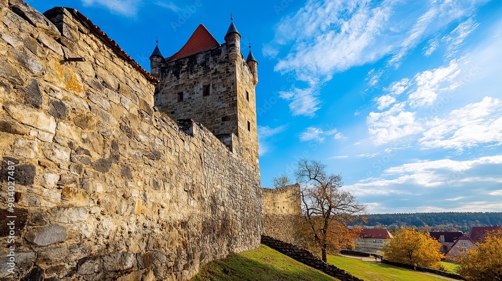 Wall of Hukvaldy Castle beneath a clear blue sky in the Czech Republic. Wall of Hukvaldy Castle beneath a clear blue sky in the Czech Republic.