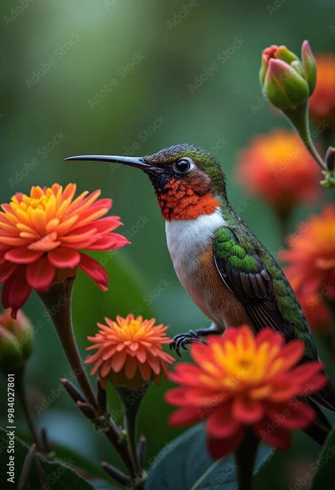 Fototapeta premium Close up of a colorful hummingbird perched among vibrant flowers in tropical rainforest