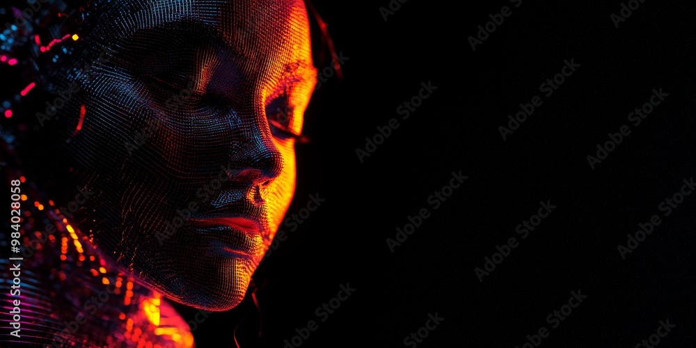 Obraz premium Neon human close-up with digital elements