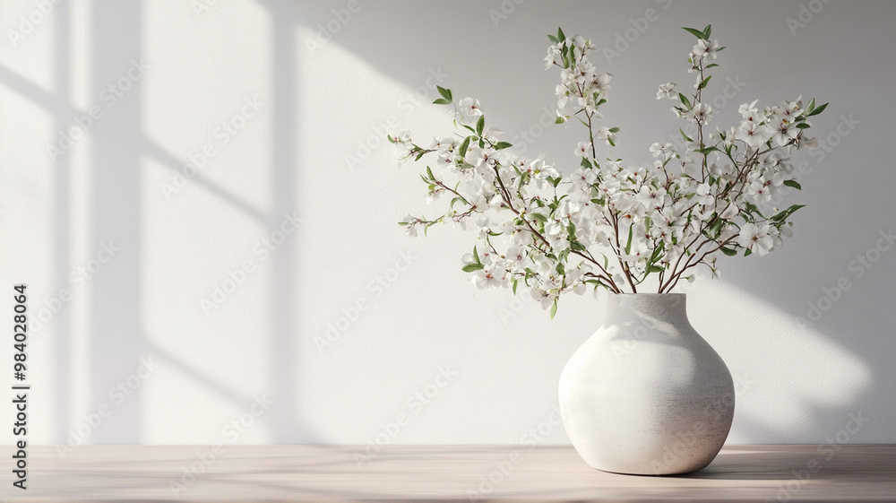 A beautiful white vase filled with delicate white flowers sits elegantly on wooden table, casting soft shadows on wall. serene atmosphere enhances natural beauty of arrangement A beautiful white vase filled with delicate white flowers sits elegantly on wooden table, casting soft shadows on wall. serene atmosphere enhances natural beauty of arrangement