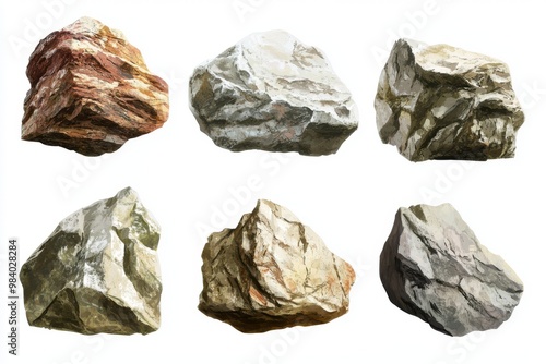 Generate an image of six large, rugged rocks with various textures and shades of brown