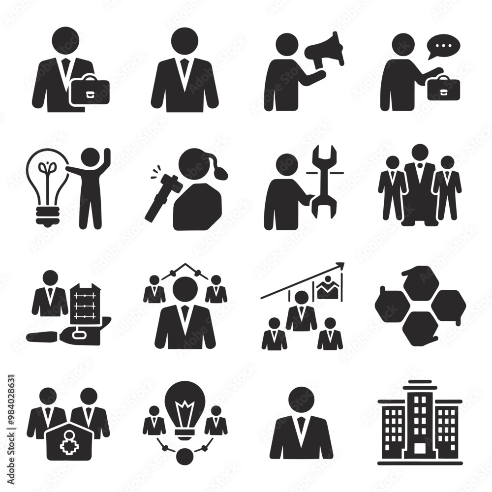 Set of Business Professionals in Various Work Scenarios. Vector Illustrations of Office Characters and Employee Icons Set of Business Professionals in Various Work Scenarios. Vector Illustrations of Office Characters and Employee Icons