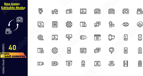Vector line icon set for photography and cameras, including symbols for portraits, family photos, cameras, film, files, and more. Editable stroke icons.