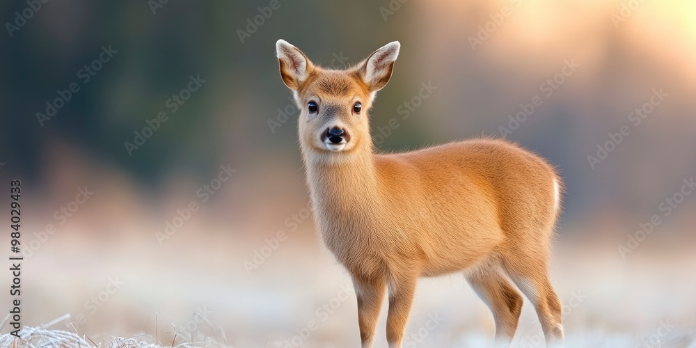 A small deer stands in the snow, looking at the camera. Concept of stillness and quietness, as the deer is the only living thing visible in the scene A small deer stands in the snow, looking at the camera. Concept of stillness and quietness, as the deer is the only living thing visible in the scene