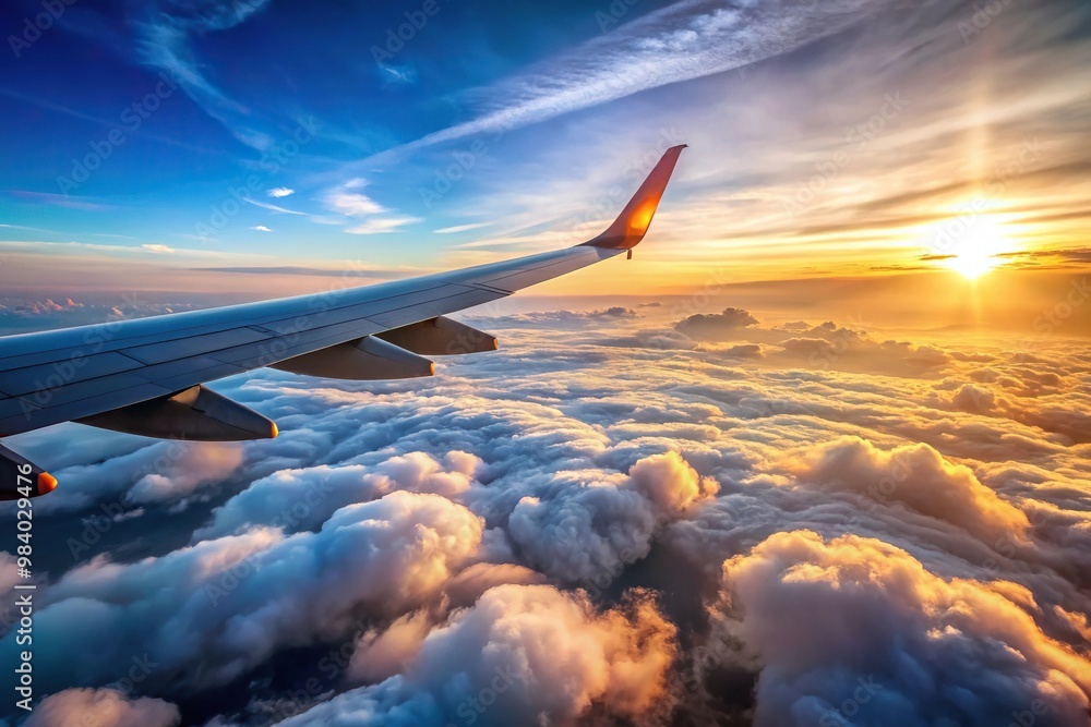 Naklejka premium Airplane wing flying above clouds