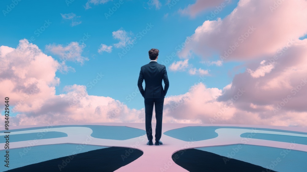 A businessman standing at a crossroads, with multiple paths leading to different destinations, symbolizing strategic decision making. A businessman standing at a crossroads, with multiple paths leading to different destinations, symbolizing strategic decision making.