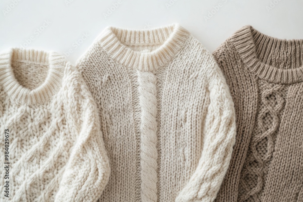 Three cozy knit sweaters in shades of cream and beige, isolated on a white background Three cozy knit sweaters in shades of cream and beige, isolated on a white background