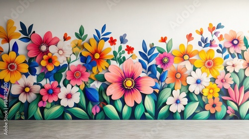 A vibrant floral mural in bold colors, contrasting against a smooth white wall, bringing life and energy to the space