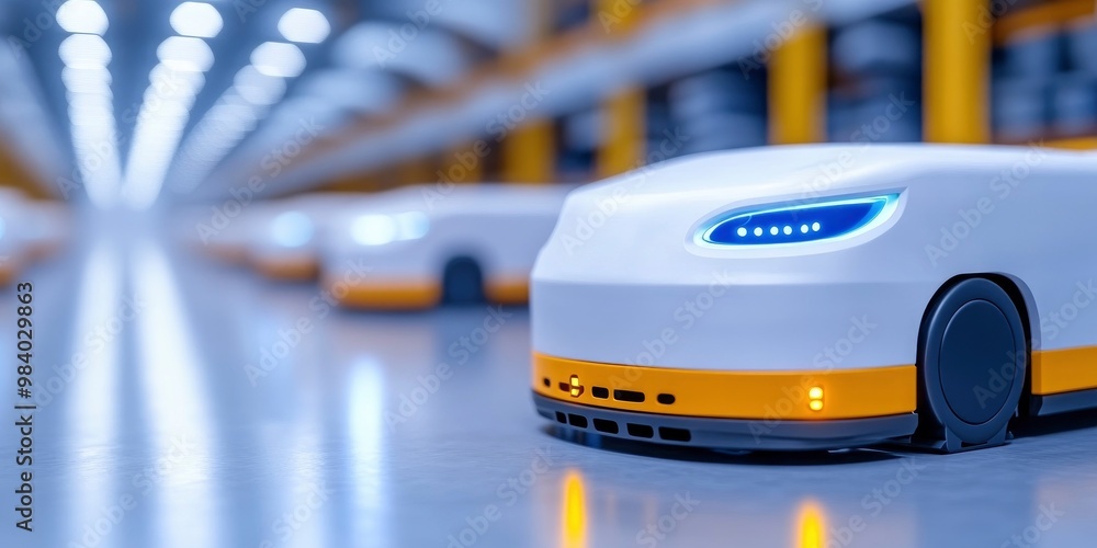 Naklejka premium futuristic autonomous robot on warehouse, symbolize robotics and automation in modern logistics