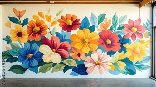 A vibrant floral mural in bold colors, contrasting against a smooth white wall, bringing life and energy to the space