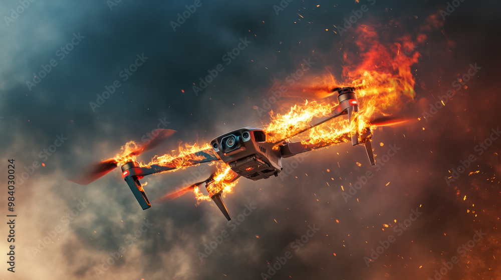 A drone catches fire mid-flight, emitting flames and smoke, likely due to an electrical malfunction or battery failure, posing safety risks.
A drone catches fire mid-flight, emitting flames and smoke, likely due to an electrical malfunction or battery failure, posing safety risks.