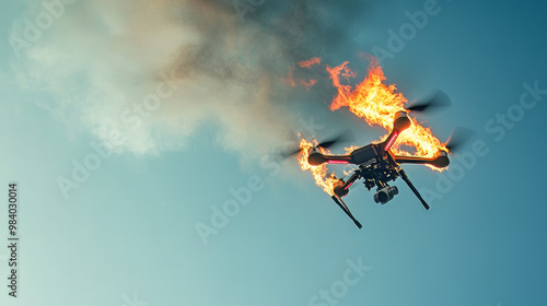 A drone catches fire mid-flight, emitting flames and smoke, likely due to an electrical malfunction or battery failure, posing safety risks.
