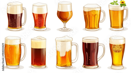 A selection of beers in various glasses, ranging from pale to dark.