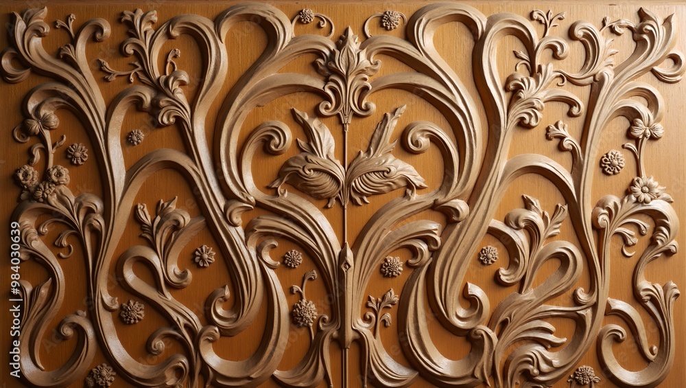 Elegant Art Nouveau oak wood panel with floral carvings Elegant Art Nouveau oak wood panel with floral carvings
