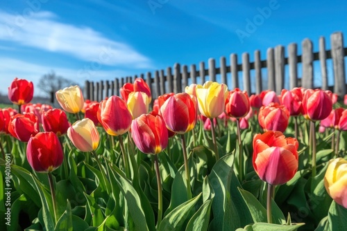 A vibrant field of tulips swaying under a bright blue sky, with each bloom distinct and sharp, bursting in various shades of red, pink, and yellow, set against a rustic wooden fence in the background.