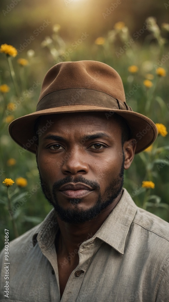Middle-aged Black man with beard wearing tan hat and jacket, standing in field of yellow flowers Middle-aged Black man with beard wearing tan hat and jacket, standing in field of yellow flowers