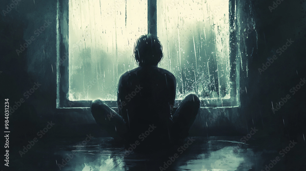 A visual of a solitary person sitting by a window with a somber expression, reflecting on a rainy day. A visual of a solitary person sitting by a window with a somber expression, reflecting on a rainy day.