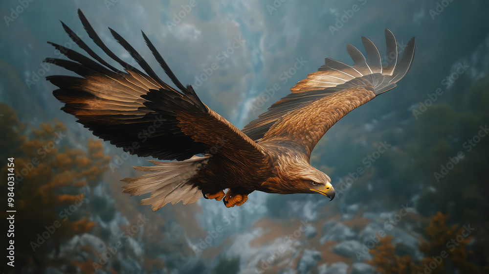 Obraz premium A majestic eagle soars gracefully over a misty landscape, showcasing its impressive wingspan and vibrant plumage in a serene natural setting.
