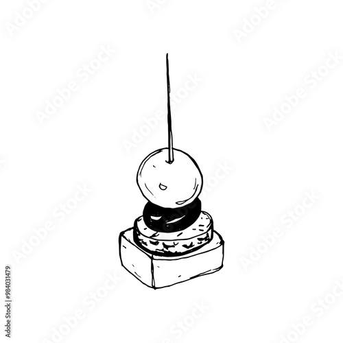 Vector isolated image of Canape, small sandwich strung on skewer. Snack for alcohol, appetizer. Single black and white sketch on white background.