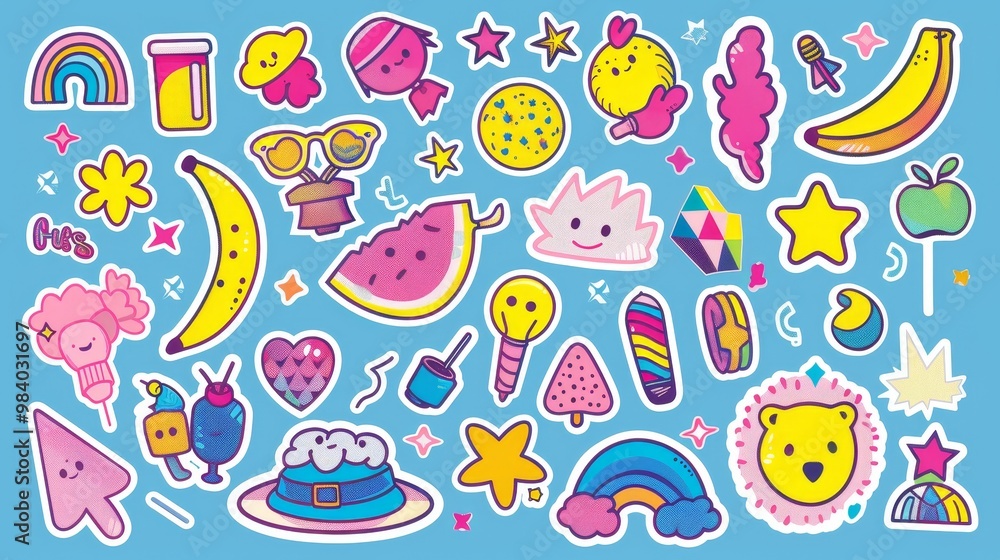 A vibrant and lively Pop Art collage featuring a variety of colorful stickers and playful icons and designs A vibrant and lively Pop Art collage featuring a variety of colorful stickers and playful icons and designs
