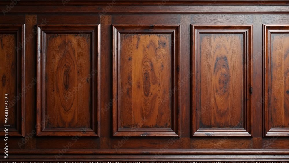 Elegant colonial mahogany wood paneling with carved borders and recessed squares Elegant colonial mahogany wood paneling with carved borders and recessed squares