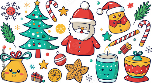 Christmas elements collection in hand drawn vector illustration, Print